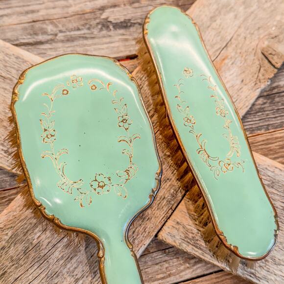 Antique Vanity Dressing Table Brush Set-Mint Green w/ Gold Trim-Delicate Floral - Picture 3 of 7